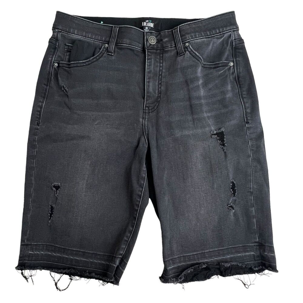 Lularoe Womens Black Distressed Mid Rise 10.5" Inseam Bermuda Denim Shorts 30